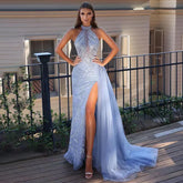 Arabic Blue Mermaid Sleeveless Sexy High Split Beaded Evening Dresses Gowns For Women Wedding Party 2025 LA71980