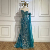 Green One Shoulder Beaded Mermaid Evening Dress with Side Cape Sleeves for Formal Occasion LA72600 2025
