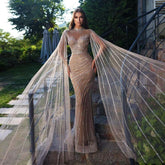 Arabic Caramel Mermaid Sexy Cape Sleeves Lace Beaded Long Evening Dresses Gowns 2025 For Women Wedding Party LA71885