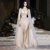 Arabic Champagne Dubai Evening Dresses Luxury Celebrity Beaded Tassel High Split Women Wedding Party Dress LA72390