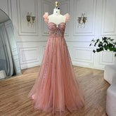 Arabic Elegant Peach Beaded A-Line Evening Gown 2025 Boat Neck Luxury Dress for Women Long Party Dress LA72324