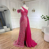 Vestido de noche de sirena con falda de tul y un solo hombro, color fucsia árabe, con cuentas | Boda 2025 LA72599