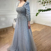 Robe de soirée élégante de luxe, style arabe gris, coupe trapèze, avec perles, épaules bouffantes, pour femme, tenue de mariage, 2025, LA71368