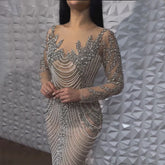 Robe de soirée de luxe arabe avec perles en cristal argenté et nude, tenue de bal de mariage pour femmes, 2025 LA72478