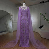 Robe de soirée élégante style sirène, style arabe, luxueuse, lilas, avec châle, perles et perles, pour femme, modèle LA72186, 2025