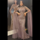 Robe de soirée élégante style sirène arabe violette, manches cape, perles, luxueuse, pour femme, mariage, LA72129, 2025
