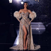 Robe de soirée longue style sirène, luxueuse et sexy, fendue, avec perles et plumes, style arabe, idéale pour un mariage, modèle LA71910, 2025