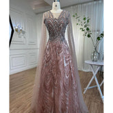 Robe de soirée longue rose style arabe, coupe trapèze, manches cape perlées, tenue de célébrité pour femme, tenue de mariage, LA72133, 2025