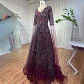 Robe de soirée arabe violette à col en V et manches cape, avec perles, pour femme, tenue de mariage, 2025, LA72146