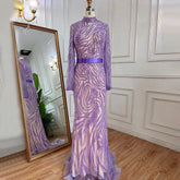 Robe de soirée sirène violette à col montant et manches bouffantes, élégante et perlée, pour femme, modèle LA71815, 2025