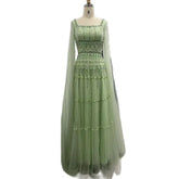 Robe de soirée longue de luxe à perles, coupe trapèze, vert sauge, style arabe, avec manches cape, pour femme - Party 2025 LA72595