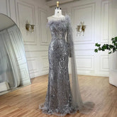 Robe de soirée longue style sirène, asymétrique, gris argenté, avec cape et perles, pour femme, tenue de mariage, 2025, LA72446