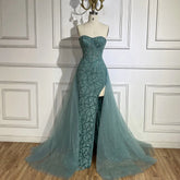Robe de soirée de luxe style sirène, bustier, fendue, turquoise, style arabe, avec perles, pour femme, mariage, 2025, LA72610