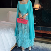 Beaded Feathers A Line Blue Cape Sleeves Evening Dresses Arabic Ankle Length Gown For Party LA72158
