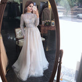 Beading Muslim Long Sleeeves High Co Silver Luxury Evening Dresses Gowns 2025 A-Line Crystal For Women Party LA70514