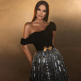 Black A Line Sexy One Shoulder Shiny Beaded Luxury Evening Dresses Gowns For Women Party 2025 LA71826