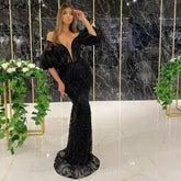 Black Mermaid Beaded Tassel Evening Dresses Gowns 2025 Elegant Sexy For Women Party LA71204