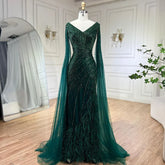 Black Mermaid Cape Sleeves High Split Luxury Beaded Feathers Evening Dresses Gowns 2025 For Women Party LA72216