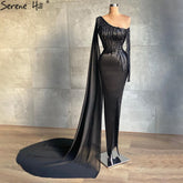 Black Mermiad Split Satin Evening Dresses Gowns 2025 Elegant Beading One Shoulder For Women Party LA71089