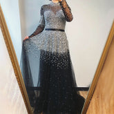 Black Silver A-Line High Neck Evening Dresses Sequined Long Sleeves Sexy Formal 2025 For Women Party LA70066