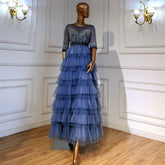 Blauw Tiered Rok Avond Jurken 2025 Kralen Half Mouwen A-lijn Voor Vrouwen Wedding Party LA71553