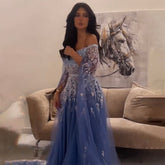 Blue A-Line Sexy Off Shoulder Cape Sleeves Beaded Luxury Evening Dresses Gowns For Women Arabic Party 2025 LA71836
