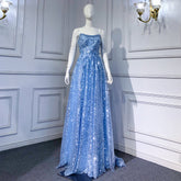 Blue A-line Luxury Evening Dresses Gowns 2025 Beaded Sparkle Sexy For Women Wedding Party LA71609