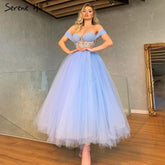 Blue Ankle Length Evening Dresses Gowns 2025 Beaded A-Line Sexy For Women Wedding Party LA71336