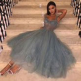 Blue Ankle Length Evening Gowns 2025 Sleeveless Simple Sexy Lace Formal Dress Design LA70767