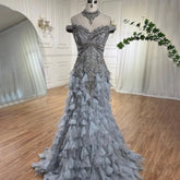 Blue Arabic Mermaid Luxury Evening Dresses Gowns Pearls Beaded Elegant For Woman Wedding Party 2025 LA72164