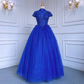 Blue Ball Gown Short Sleeves Tulle Luxury Beaded Evening Dresses Gowns2025 For Women Party LA70477