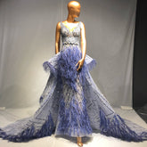 Blue Beaded Feather Evening Dresses Gowns 2025 Mermaid Luxury Elegant Overskirt For Women Wedding Party LA71586