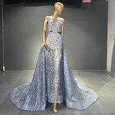 Blue Beaded Sleeveless Evening Dresses Gowns 2025 Luxury A-Line Overskirt For Women Wedding Party LA71588