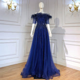 Blue Boat Neck Luxury Evening Dresses Gowns 2025 Short Sleeves Beaded Feather A-Line For Women Party LA71524