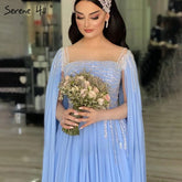 Blue Cape Sleeves Evening Dresses Gowns 2025 Beaded A-Line Chiffon For Women Party LA71319