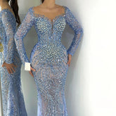 Blue Elegant Mermaid Dubai Arabia Luxury Beaded Pearls Evening Dresses Gowns 2025 For Women Wedding Party LA72264