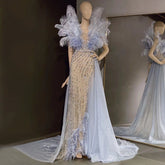 Blue Feather Beaded Evening Dresses Gowns 2025 Mermaid Luxury Elegant For Women Party LA71587