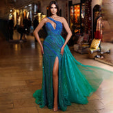 Blue Green Mermaid Sexy High Split One Shoulder Beaded Long Evening Dresses Gowns For Women Wedding Party LA72104