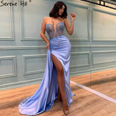 Blue High Split Mermaid Evening Dresses Gowns 2025 Beaded Elegant Stain For Women Party LA71262
