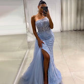 Vestido de noche azul con falda de sirena sin tirantes y abertura alta, con cuentas, estilo sirena, para mujer, ideal para fiestas, colección 2025 LA71795