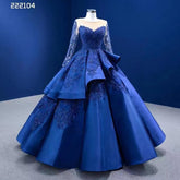 Vestido de novia azul de manga larga con encaje y cuentas, estilo princesa, confeccionado a medida, de alta gama (2025, HM222104)