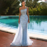 Blue Mermaid Elegant With Overskirt Sexy One Shoulder Luxury Beaded Evening Dresses Gowns 2025 Women Party LA71730