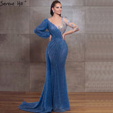 Blue Mermaid O-Neck Evening Gowns 2025 Dubai Long Sleeves Beading Sparkle Formal Dress LA70759