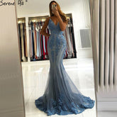 Blue Mermaid Sexy Evening Dresses Sleeveless Beading Lace High-end Formal Dress Design LA70724