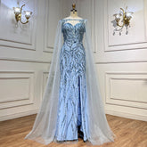 Blue Mermaid Sexy Long Cape Sleeves Evening Dresses High Slipt Gowns Luxury Beaded 2025 For Women Party LA72015