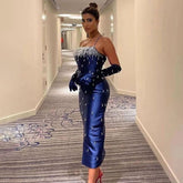 Blue Mermaid Sexy Spaghetti Straps Boat Neck Beaded Luxury Arabic Evening Dresses Gowns For Women Party LA71788