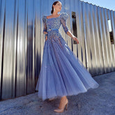 Blue Midi Evening Dress 2025 Luxury Dubai Muslim Ankle Length Arabic Short Wedding Formal Party Gown LA71631A