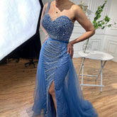 Blue One Shoulder High Split Mermaid Elegant Beaded With Overskirt Evening Dresses Gowns For Women Party LA71825