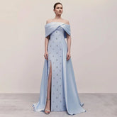 Blue Satin Simple Elegant High Split Mermaid Boat Neck Beaded Evening Dresses Gowns for Women Party 2025 LA72458
