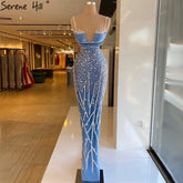 Blue Spaghetti Strap Mermaid Evening Dresses Gowns 2025 Luxury Beaded Elegant For Women Party LA71243